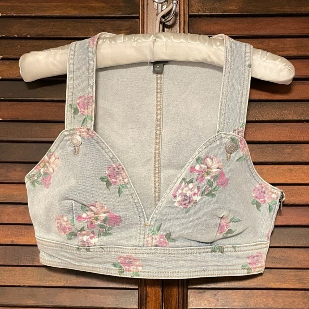 Wild Fable Blue Floral Denim Cropped Top, Size XS